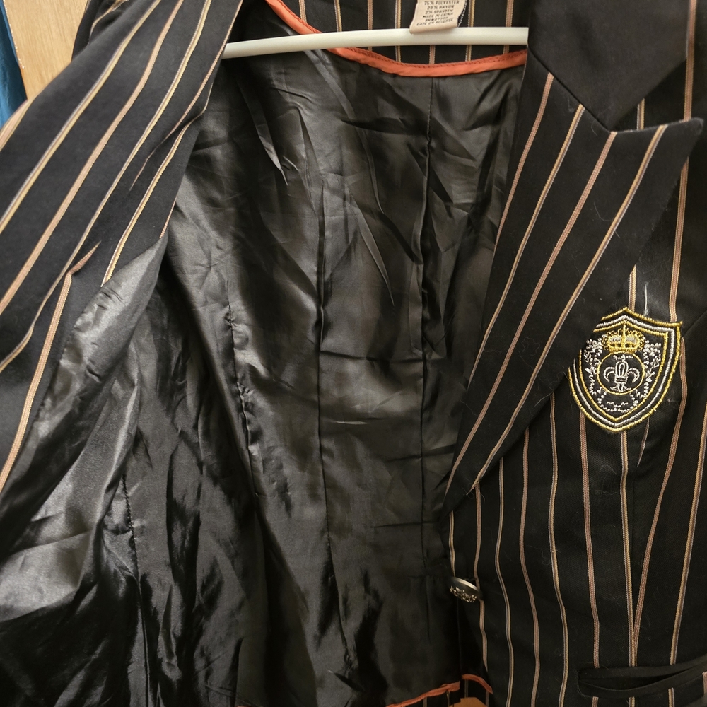Sara Michelle Black, Tan And Coral Pinstriped Blazer with Embroidered Crest - Picture 6 of 8